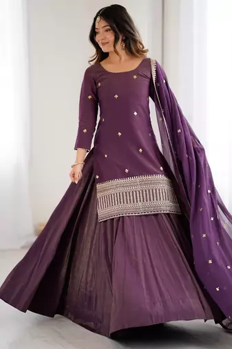 Elegant wine purple ethnic kurta set with heavy border lehenga