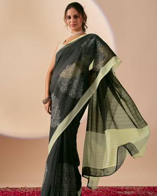 black floral print silk festive ethnic saree with blouse 3
