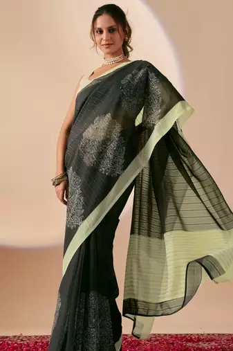 black floral print silk festive ethnic saree with blouse