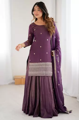 Elegant wine purple ethnic kurta set with heavy border lehenga