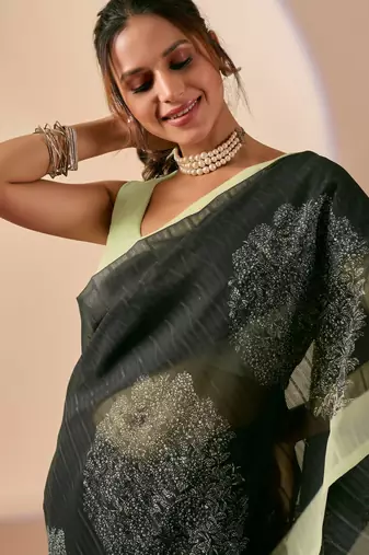 black floral print silk festive ethnic saree with blouse