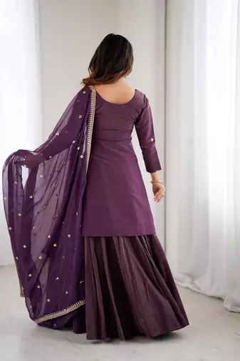 Elegant wine purple ethnic kurta set with heavy border lehenga