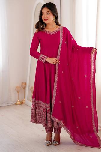 Women’s rani pink anarkali suit set with dupatta & embroidery