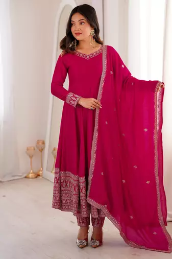Women   s rani pink anarkali suit set with dupatta & embroidery
