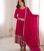 Women   s rani pink anarkali suit set with dupatta & embroidery