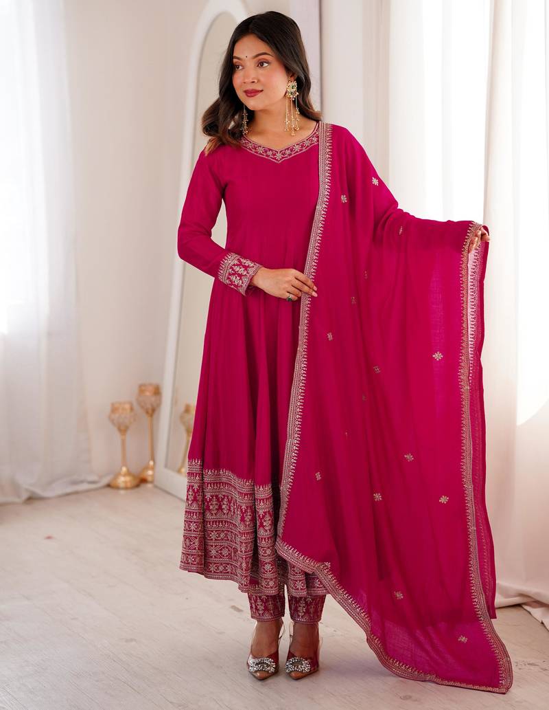 Women   s rani pink anarkali suit set with dupatta & embroidery
