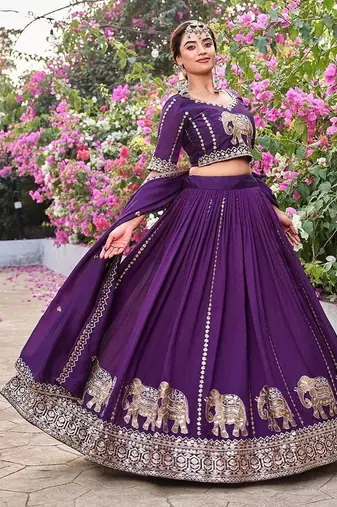Purple Silk Embroidered Lehenga-free-size