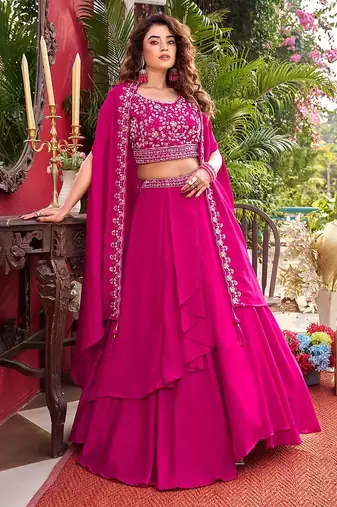 Rani Pink Tiered Embroidered Lehenga-free-size
