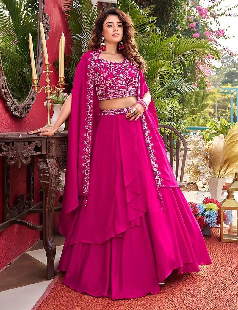 Rani Pink Tiered Embroidered Lehenga-free-size