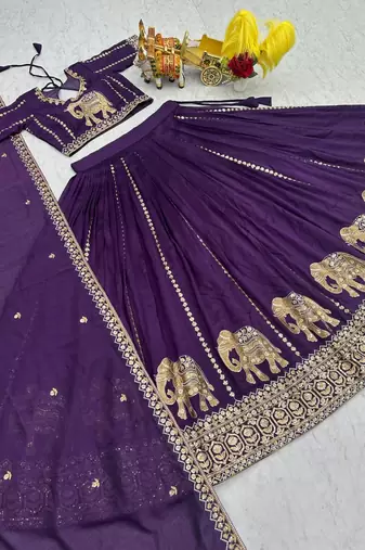 Purple Silk Embroidered Lehenga-free-size