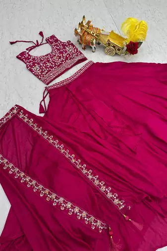 Rani Pink Tiered Embroidered Lehenga-free-size