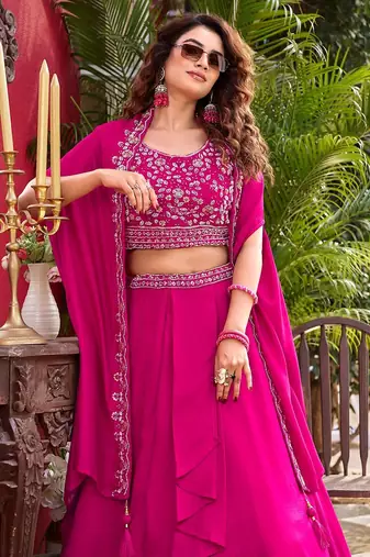 Rani Pink Tiered Embroidered Lehenga-free-size