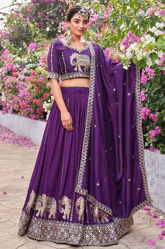 Purple Silk Embroidered Lehenga-free-size