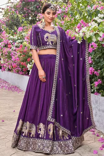 Purple Silk Embroidered Lehenga-free-size