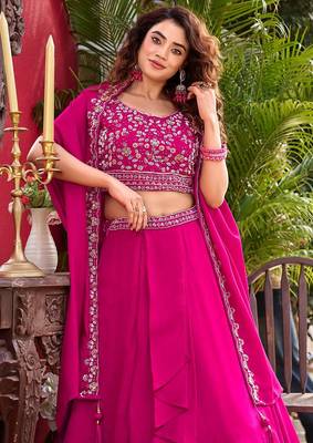 Rani Pink Tiered Embroidered Lehenga-free-size 4