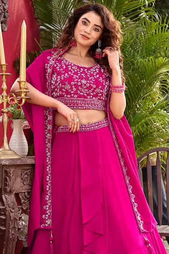 Rani Pink Tiered Embroidered Lehenga-free-size