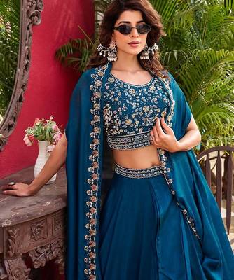 Teal Blue silk-blend Lehenga-free-size 2