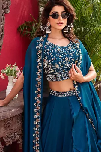 Teal Blue silk-blend Lehenga-free-size