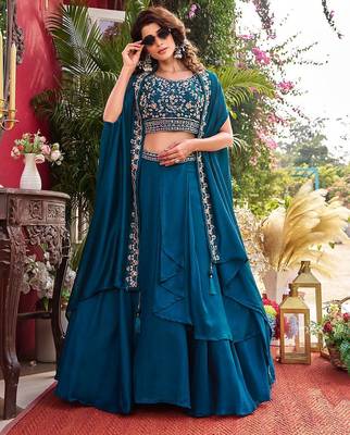 Teal Blue silk-blend Lehenga-free-size 4