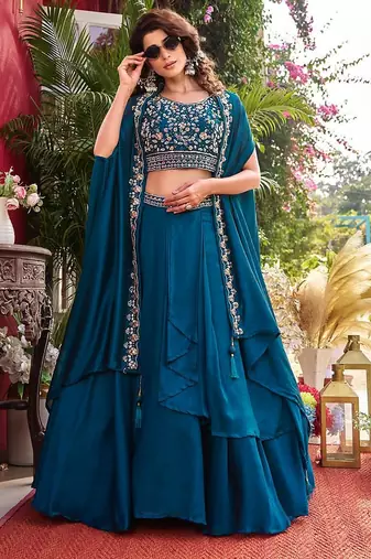 Teal Blue silk-blend Lehenga-free-size