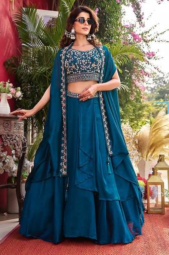 Teal Blue silk-blend Lehenga-free-size