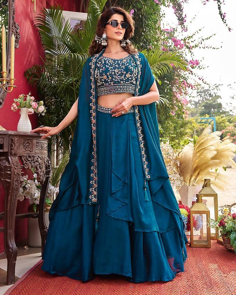 Teal Blue silk-blend Lehenga-free-size