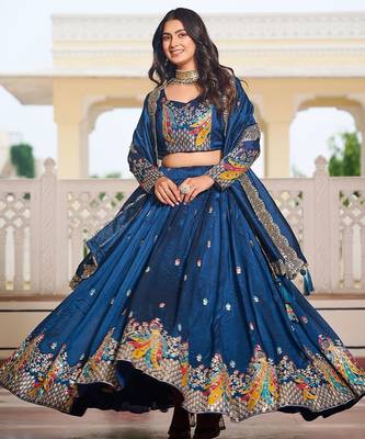 Dark Blue Silk Lehenga-free-size 3