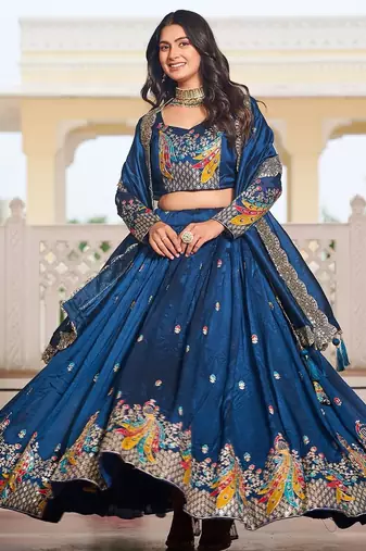 Dark Blue Silk Lehenga-free-size