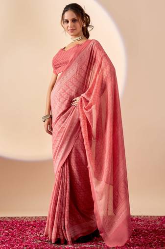 coral digital floral print chiffon festive ethnic saree with blouse