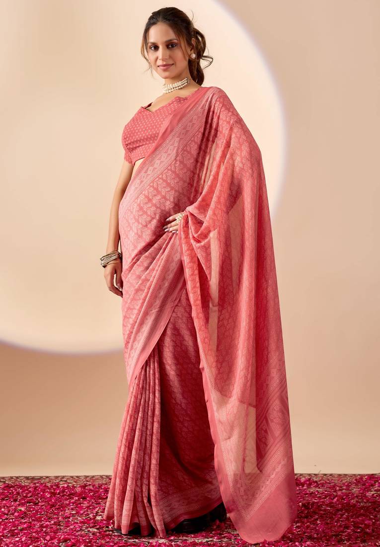 coral digital floral print chiffon festive ethnic saree with blouse