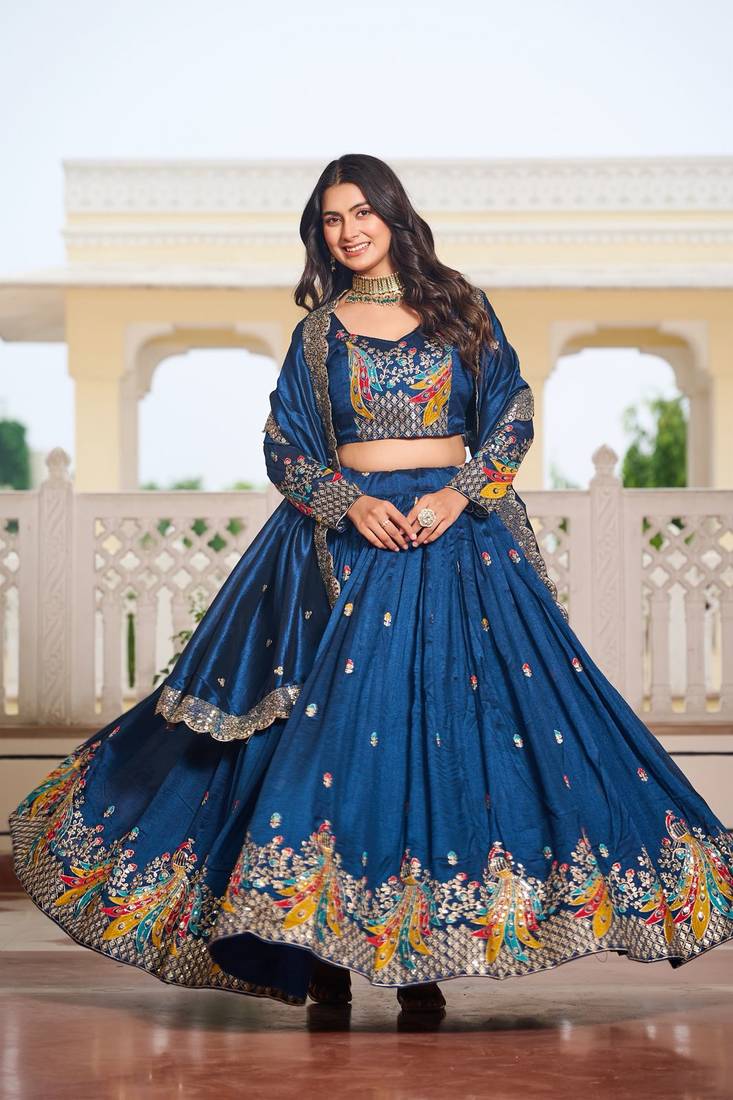 Dark Blue Silk Lehenga-free-size