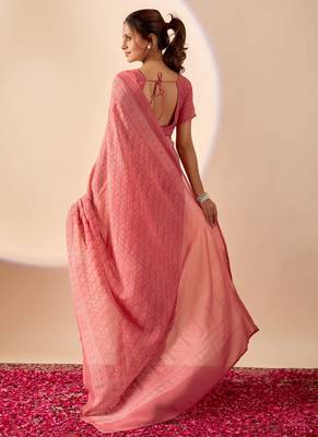 coral digital floral print chiffon festive ethnic saree with blouse 2