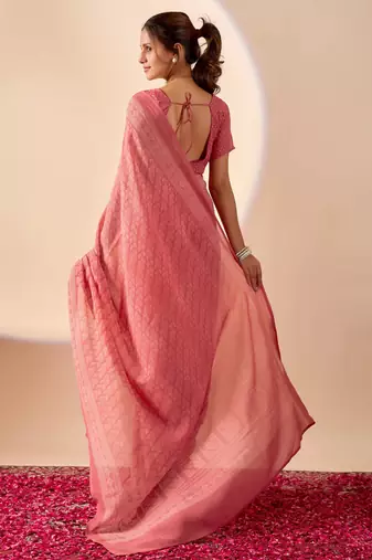 coral digital floral print chiffon festive ethnic saree with blouse