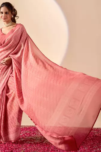 coral digital floral print chiffon festive ethnic saree with blouse