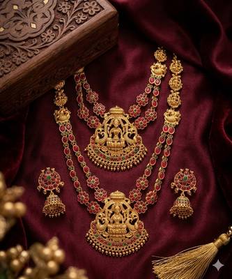 Traditional matte gold lakshmi temple Necklace :: set with ruby & emerald stones 1