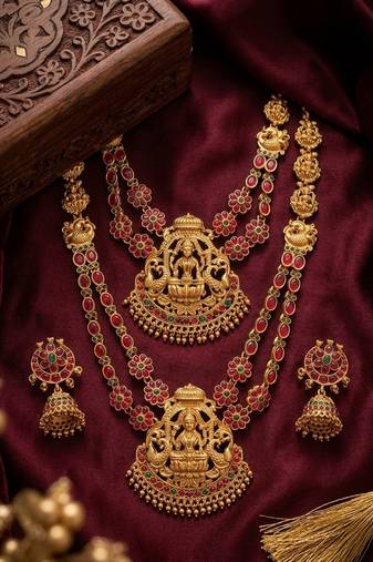Traditional matte gold lakshmi temple Necklace :: set with ruby & emerald stones