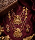 Traditional matte gold lakshmi temple Necklace :: set with ruby & emerald stones