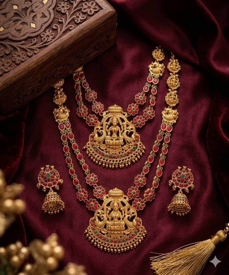 Traditional matte gold lakshmi temple Necklace :: set with ruby & emerald stones