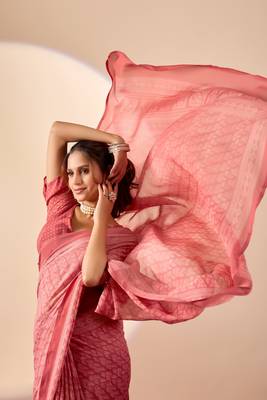coral digital floral print chiffon festive ethnic saree with blouse 4