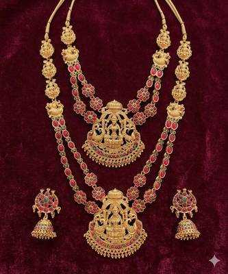 Traditional matte gold lakshmi temple Necklace :: set with ruby & emerald stones 2
