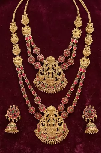 Traditional matte gold lakshmi temple Necklace :: set with ruby & emerald stones