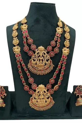Traditional matte gold lakshmi temple Necklace :: set with ruby & emerald stones