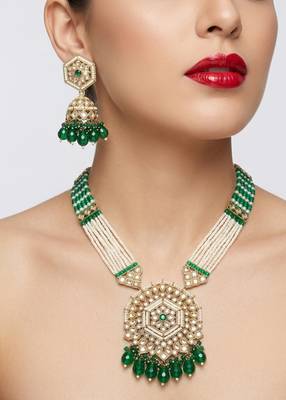 Long pearl mala golden rainbow diamond studded jumkee tikka Necklace :: set 1