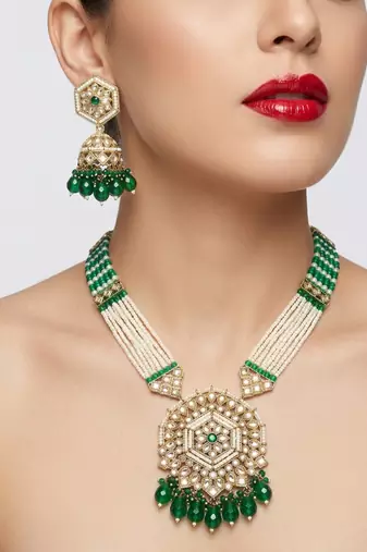 Long pearl mala golden rainbow diamond studded jumkee tikka Necklace :: set