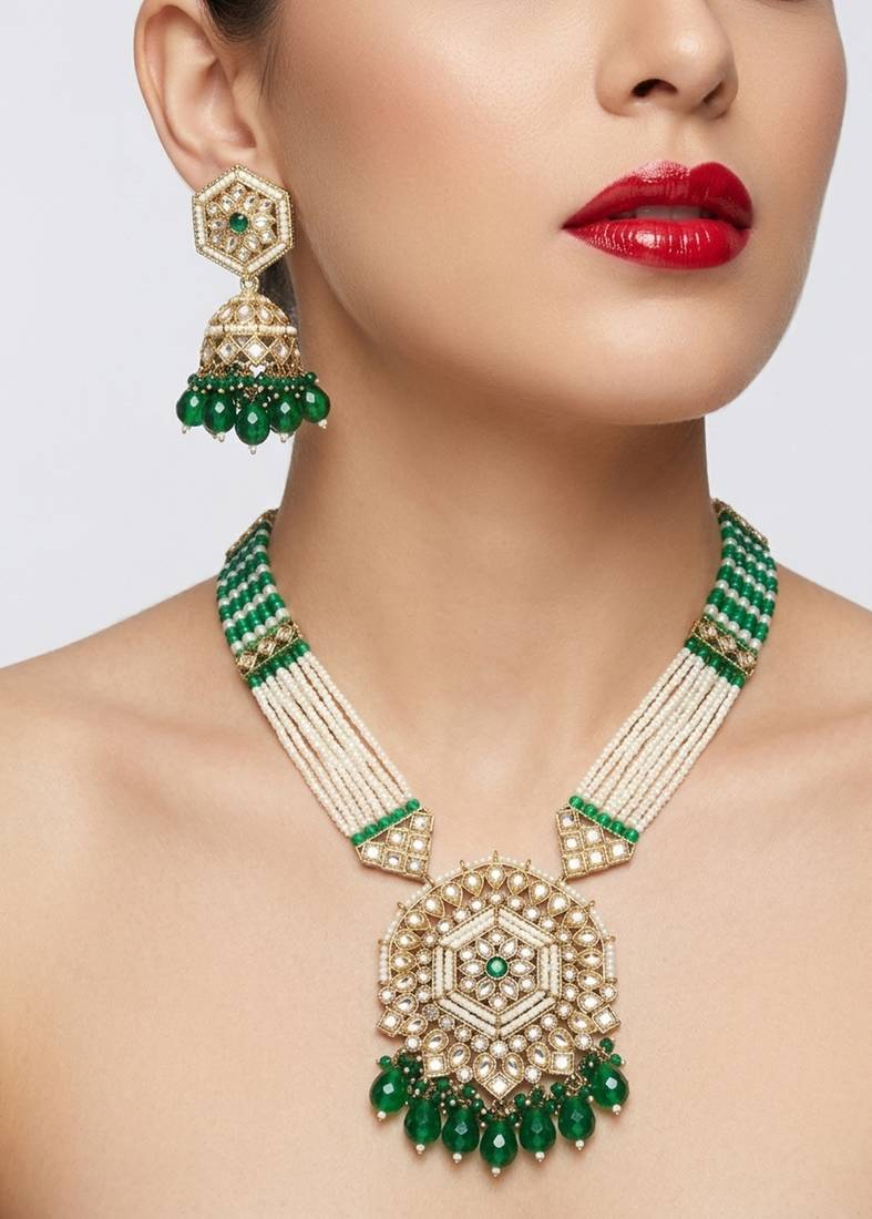 Long pearl mala golden rainbow diamond studded jumkee tikka Necklace :: set