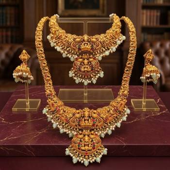 Antique gold-plated traditional indian temple haram & choker set with jhumka earrings - statement bridal jewelry 1
