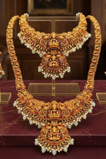 Antique gold-plated traditional indian temple haram & choker set with jhumka earrings - statement bridal jewelry