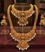 Antique gold-plated traditional indian temple haram & choker set with jhumka earrings - statement bridal jewelry