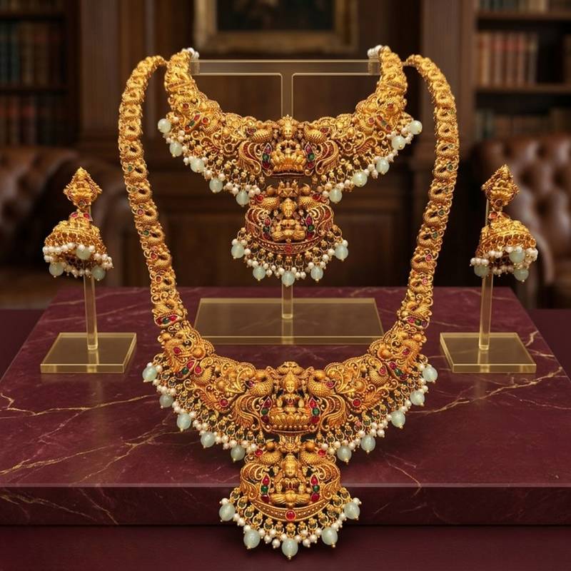 Antique gold-plated traditional indian temple haram & choker set with jhumka earrings - statement bridal jewelry