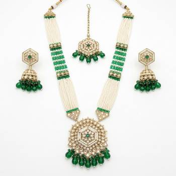 Long pearl mala golden rainbow diamond studded jumkee tikka Necklace :: set 2